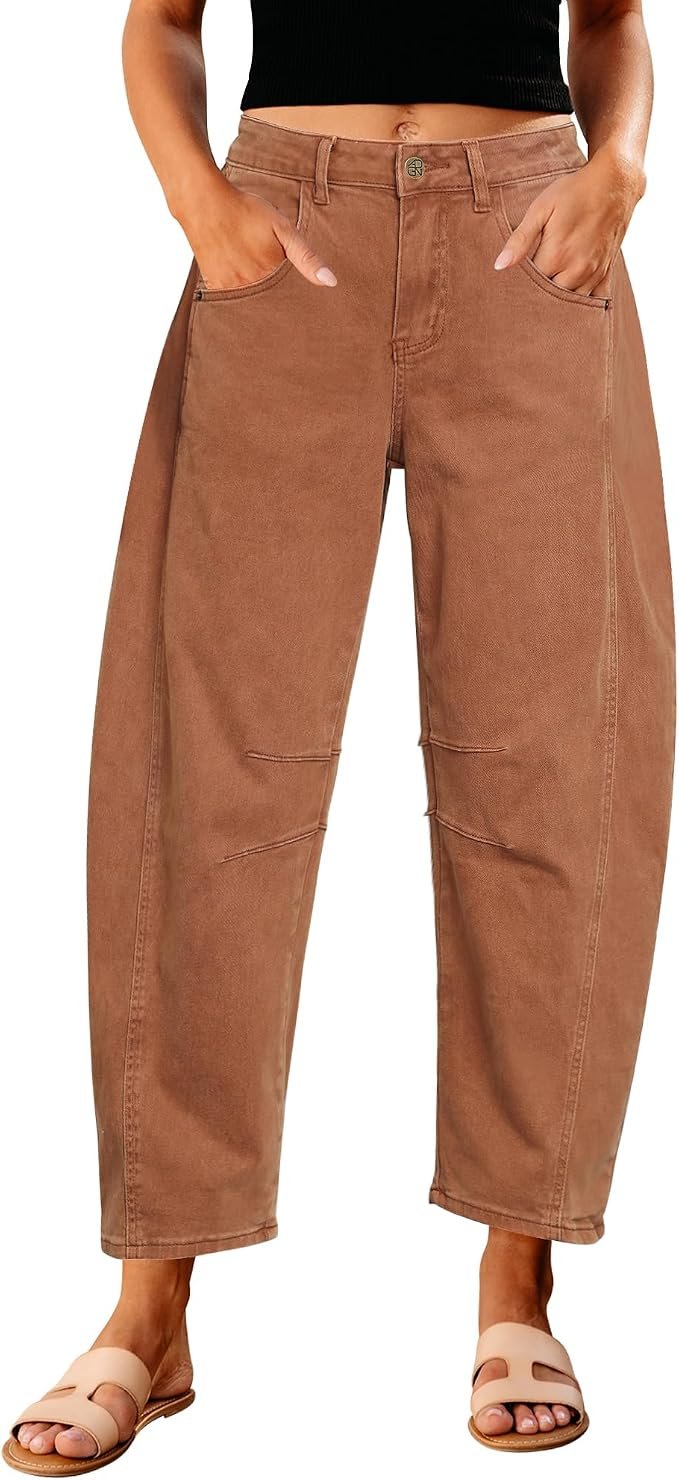 GRAPENT Barrel Jeans for Women High Waist Baggy Cropped Stretch Denim Pants